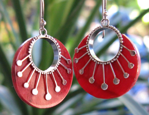 Red Coral Round Sterling Silver Earrings
