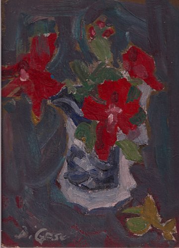Red Roses in Blue Vase By Carmel Artist Victor Di Gesu Original Oil Painting 1960's