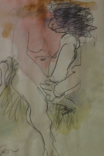 Figure, Watercolor and Pencil Drawing By Carmel Artist Victor Di Gesu - Framed Artwork