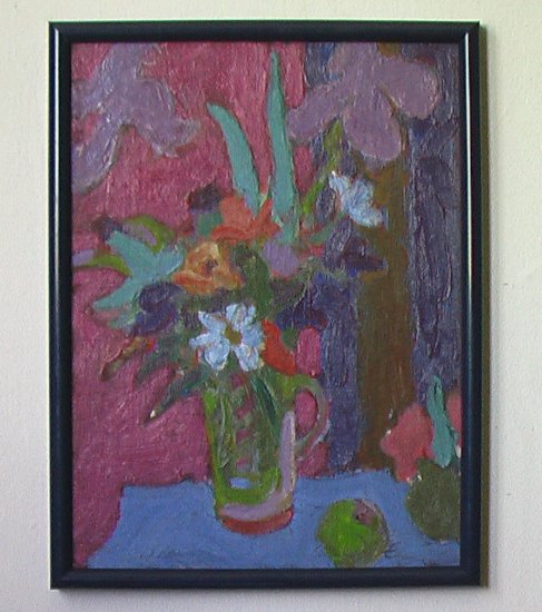 Floral on Blue Table By Carmel Artist Victor Di Gesu, Oil Painting on Board - Framed Artwork