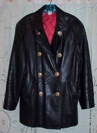 Women's Black Leather Double-Breasted Lined Car Coat Jacket Size Small-Medium