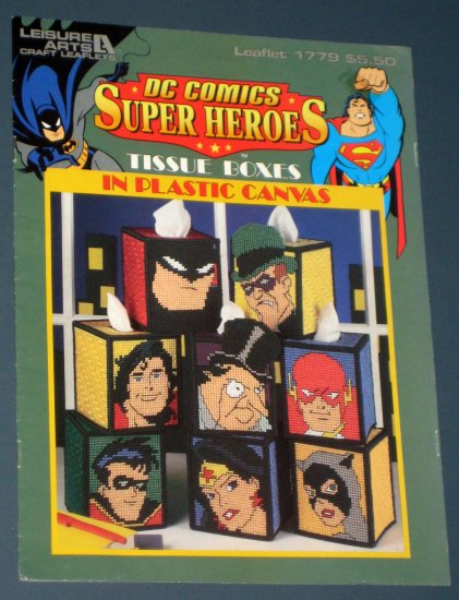 SOLD DC Comics Super Heroes Tissue Box Covers Boxes Plastic Canvas Leaflet 1779 1997 Leisure Arts