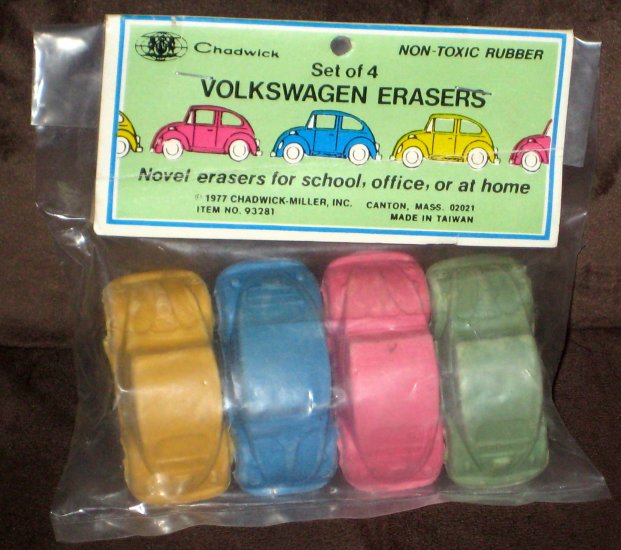 Vintage Volkswagen Rubber Erasers Lot of 7 Beetle Bug VW Car Non Toxic Chadwick Miller 1977 Unused