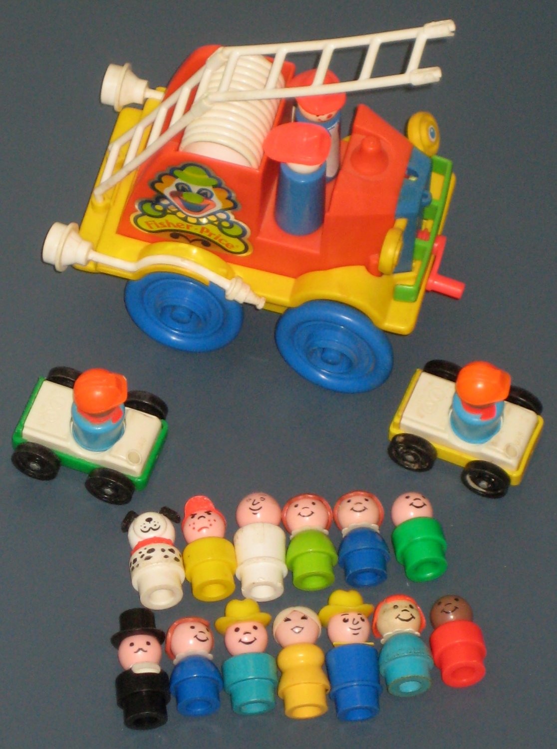 SOLD Fisher Price Vintage Little People Lot Fire Brigade Truck Tall Fireman Dalmatian Dog Wooden