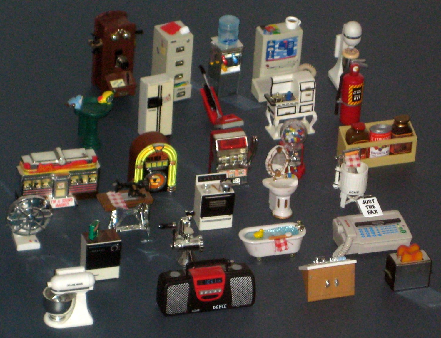 SOLD Acme Refrigerator Magnet Lot Dollhouse Furniture Sound Jukebox Telephone Diner Gumball Machine