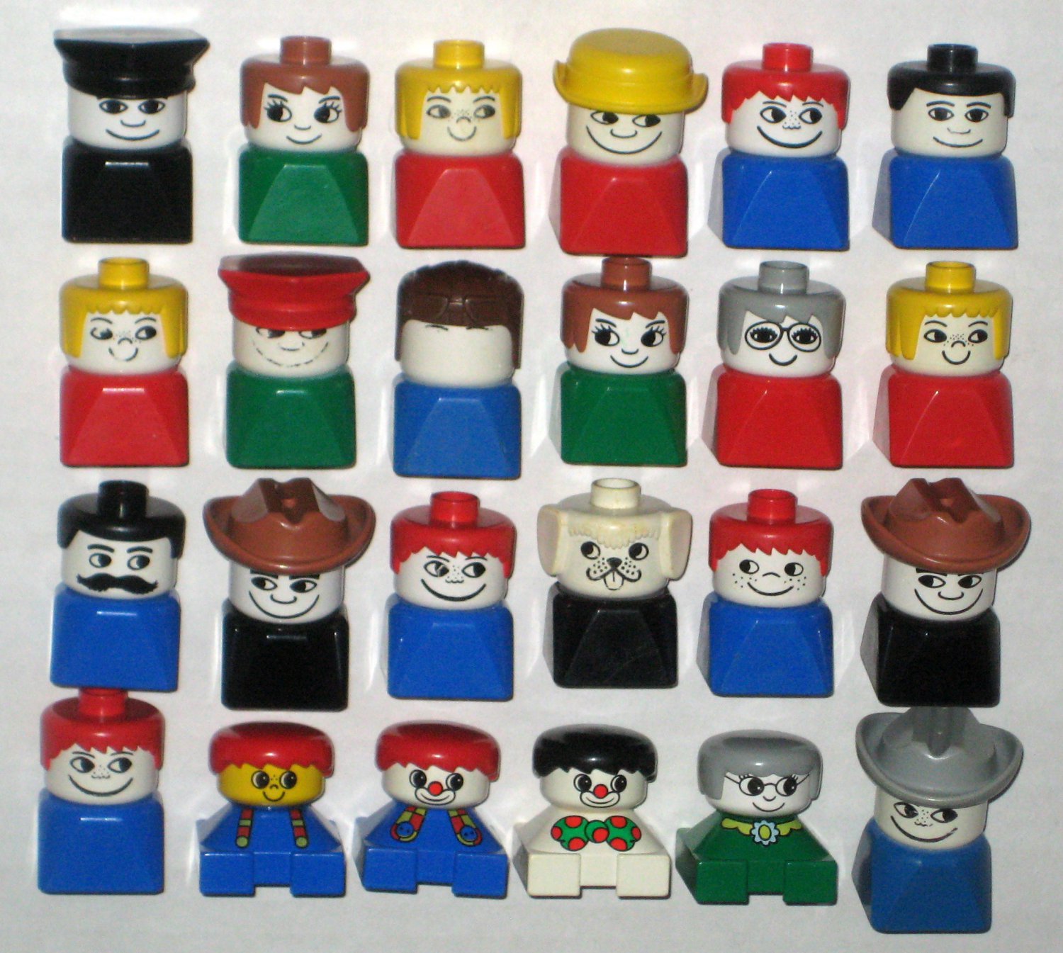 SOLD Lego Duplo Bust Tall Short People Figures 24 Parts Clown Cowboy Dog Boy Girl Police