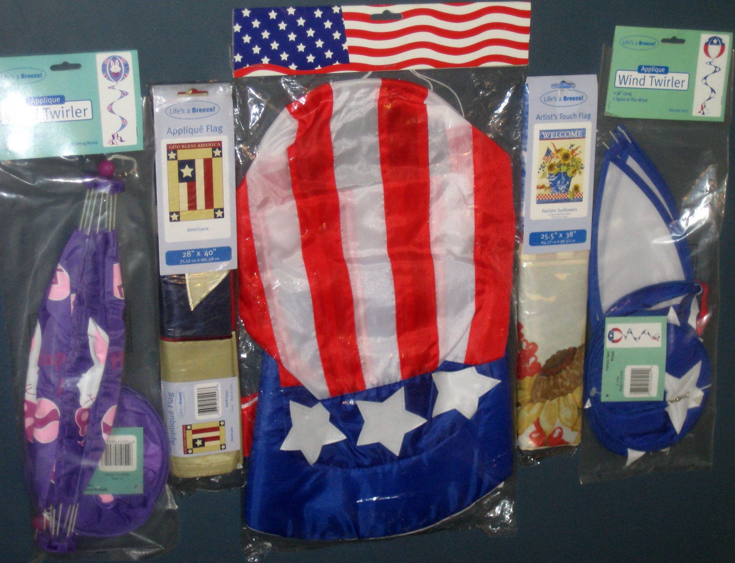 Lot 21 Decorative Garden Flags (2) + Wind Twirlers Spinners (2) + Windsock (1) Easter Patriotic NIP