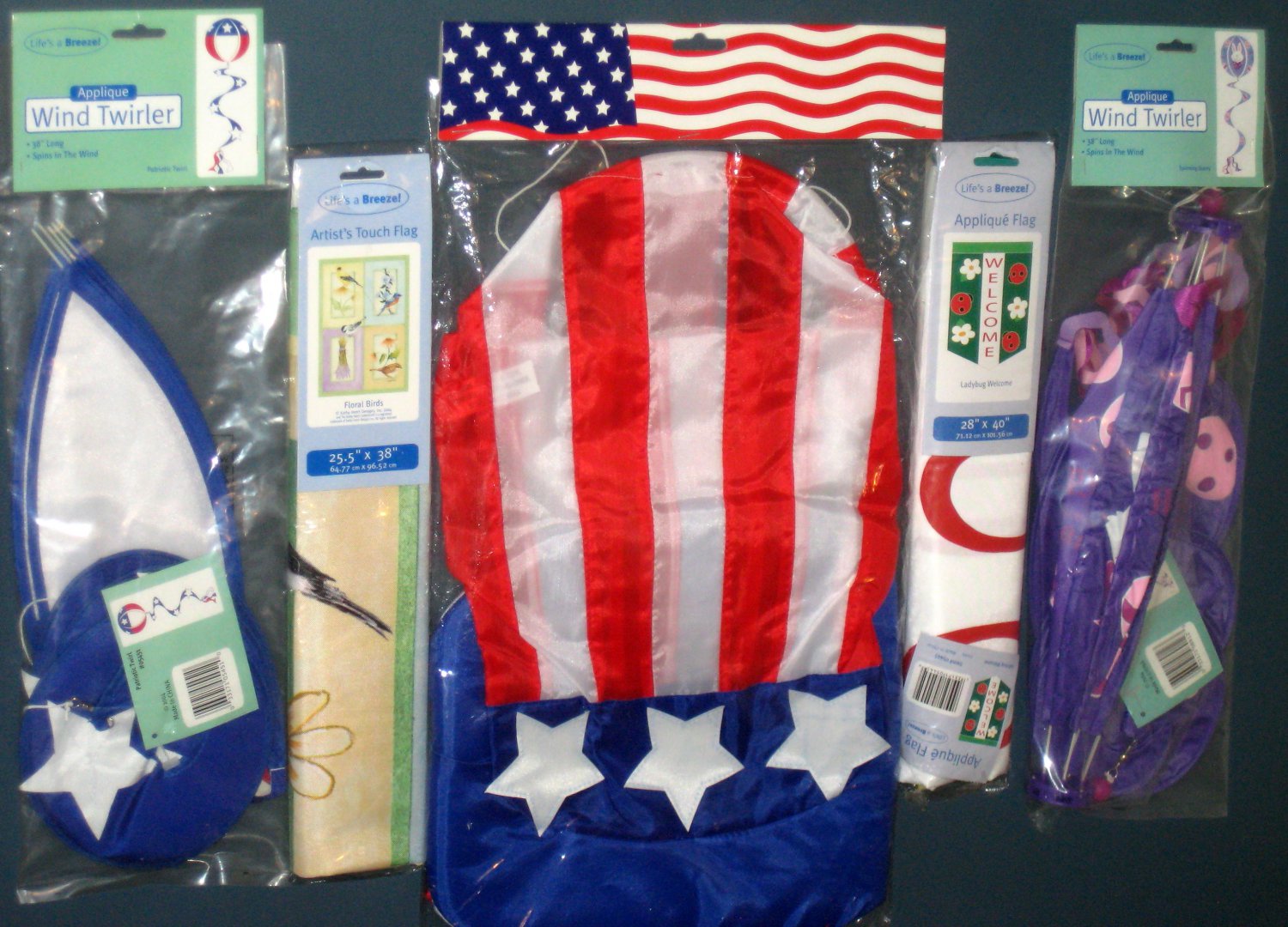 Lot 22 Decorative Garden Flags (2) + Wind Twirlers Spinners (2) + Windsock (1) Easter Patriotic NIP