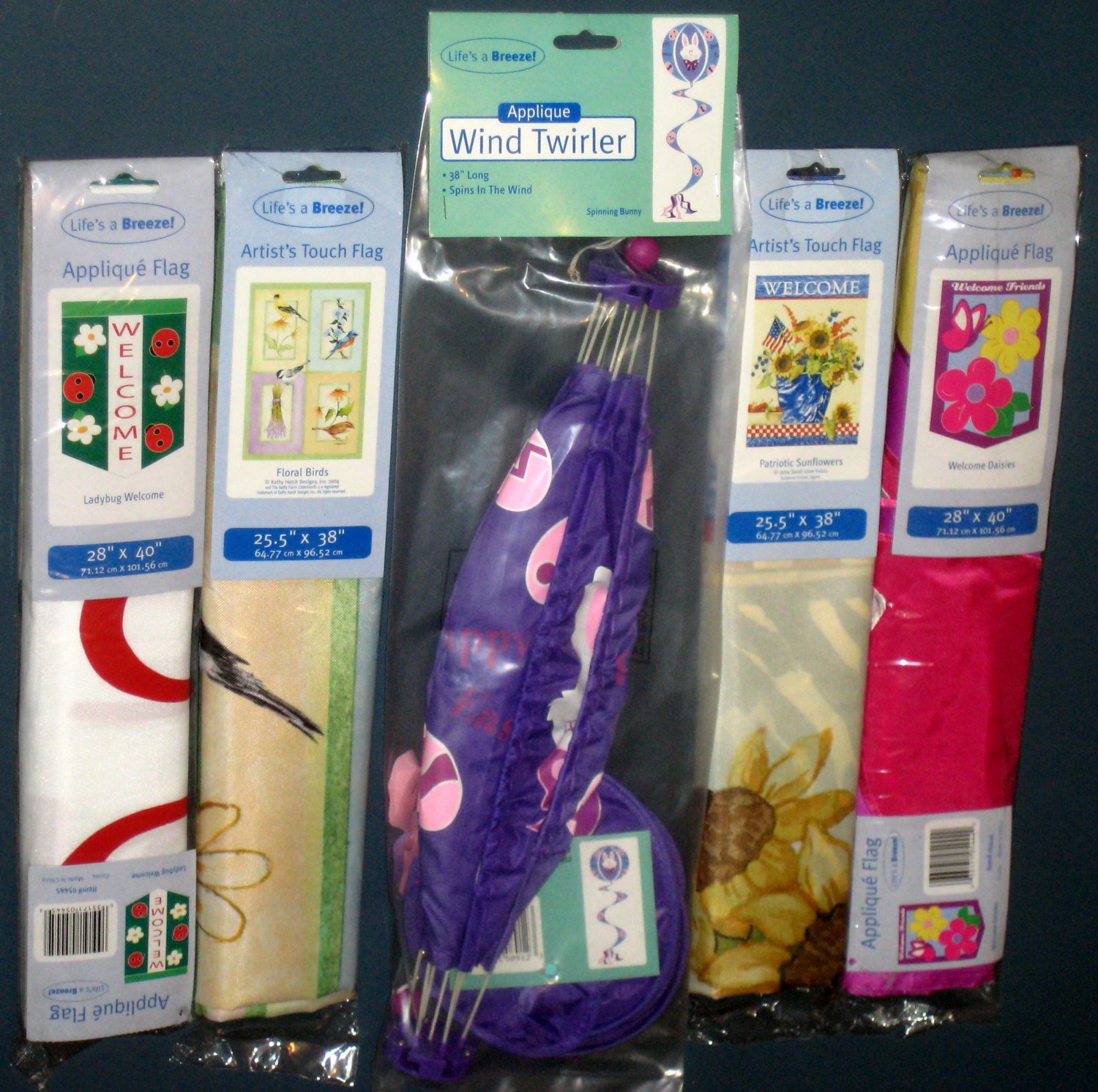 Lot 24 Decorative Garden Flags (4) + Wind Twirler Spinner (1) Birds Ladybug Easter Patriotic NIP