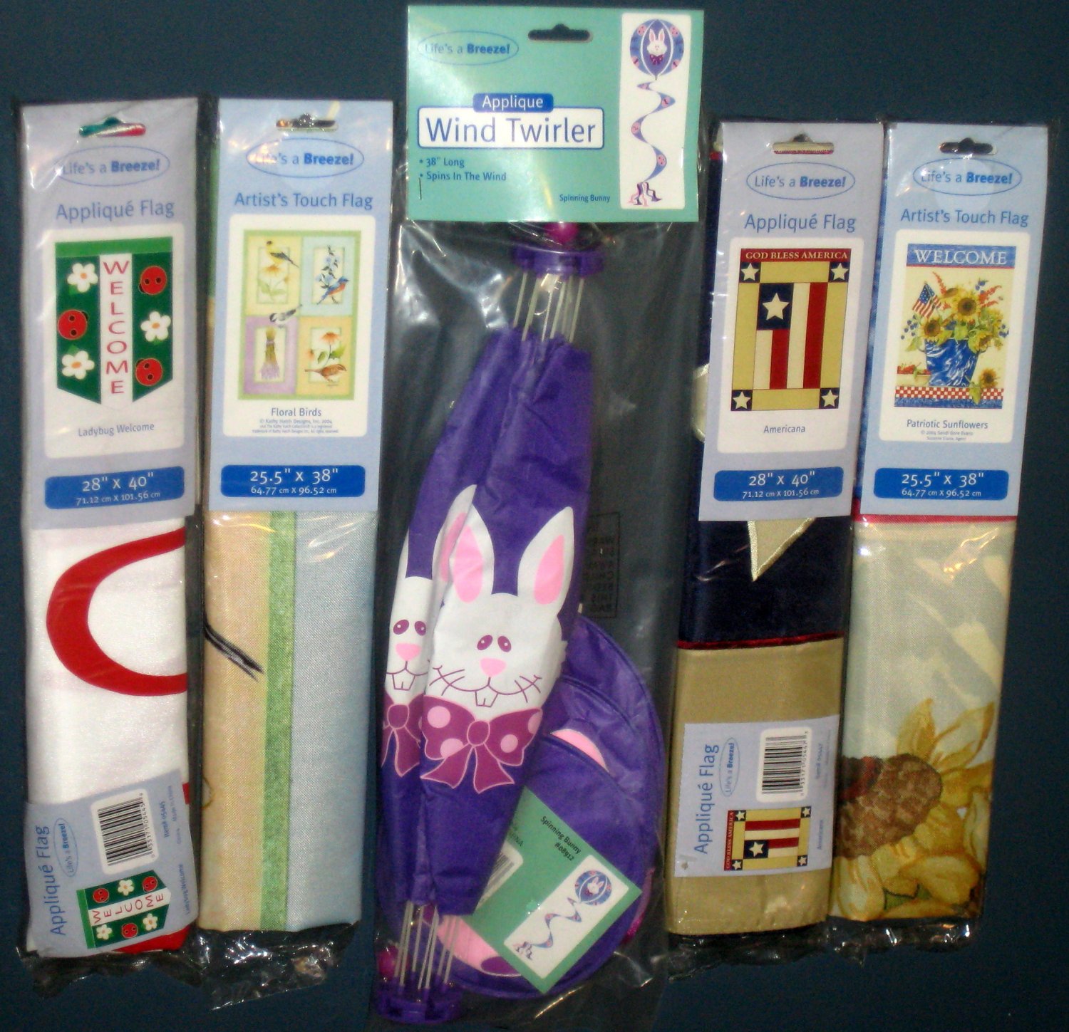 Lot 25 Decorative Garden Flags (4) + Wind Twirler Spinner Floral Birds Ladybug Easter Patriotic NIP