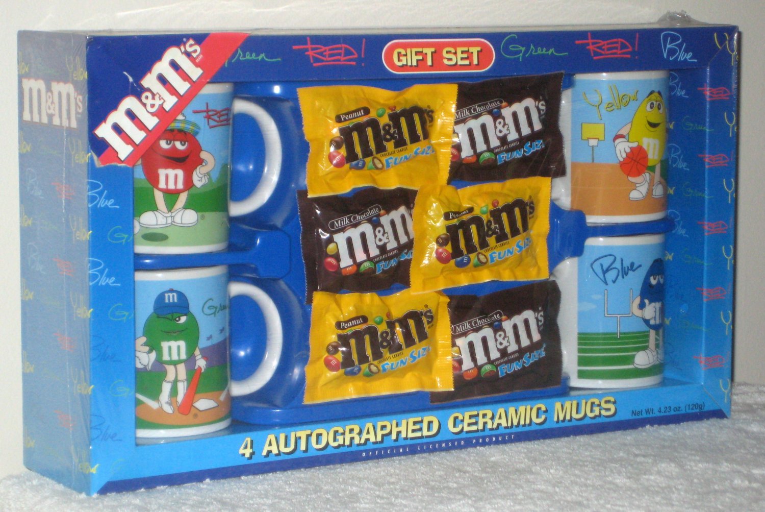 M&M's Characters 4 Mug Gift Set Sports Red Green Yellow Blue Baseball Football Golf Basketball NIP