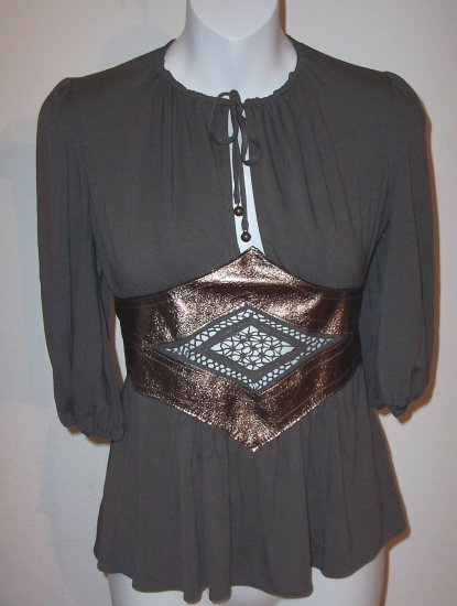 INGWA MELERO Grey Phoenix Jersey Leather 3/4 Sleeve Top L