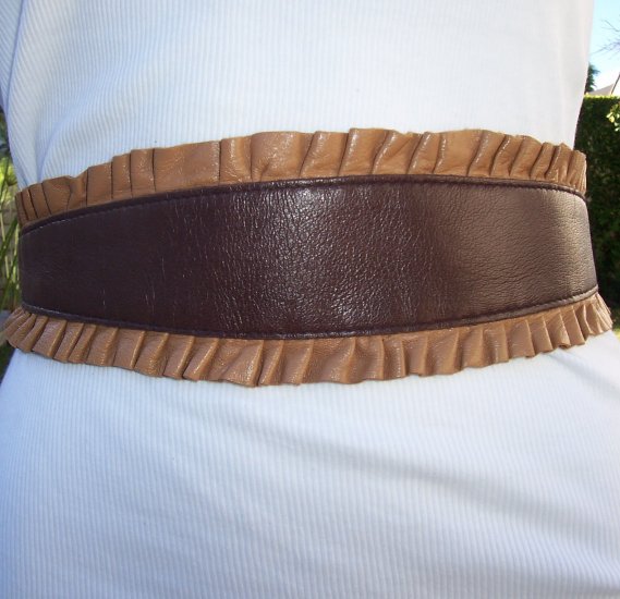Karen ZAMBOS Elegantly Waisted Brown Tan Leather Ruffle Belt
