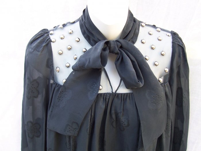 MANOUSH Gray Jacquard Silk Pussybow Stud Smock Dress S