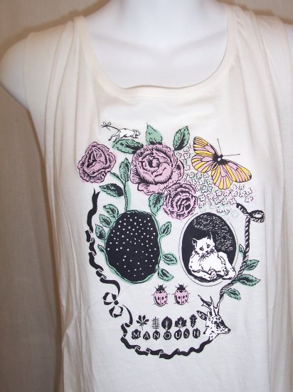 MANOUSH Ivory Butterfly Cat Skull Logo Tee T Shirt L