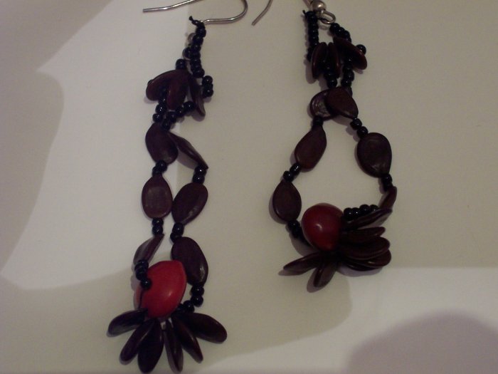 Brazilian Wood Bead Seed Boho Hand Crafted Earrings