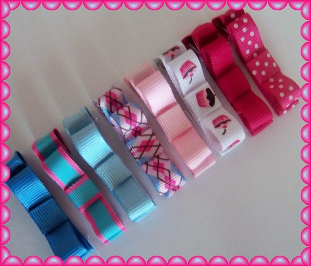 8 Super Sweet hair bow clippies ...cupcake,solid, polka dot,argyle and stripes ..... NON Slip