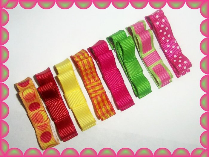 8 beautiful tropical color hair bow clippies..circles,solids,gingham,stripes, and polka dots