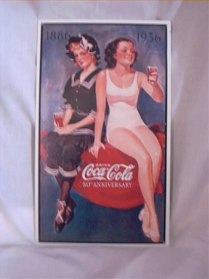 COCA COLA 1886 1936 50th ANNIVERSARY 2 GIRLS IN SWIMWEAR REPRODUCTION TIN SIGN LIMITED ISSUE 1993