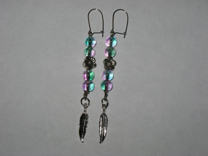 Multi Color Glass Bead Earrings W/ Feather