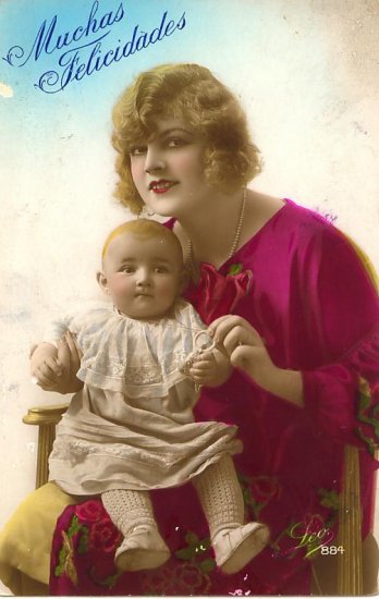 1929 Muchas Felicidades Postcard Woman Baby PC Foreign