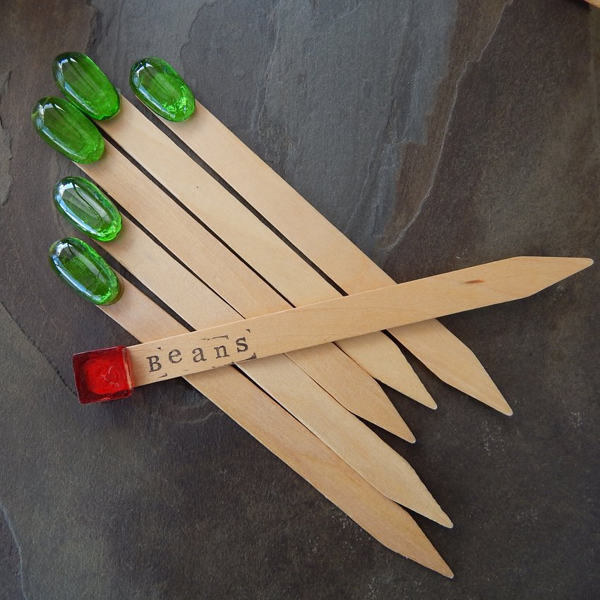 5 Large Decorative Wooden Plant Labels with Green Glass