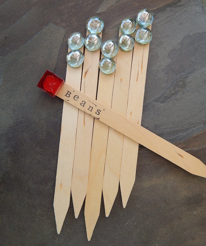 5 Large Decorative Wooden Plant Labels Blue Glass Raindrop