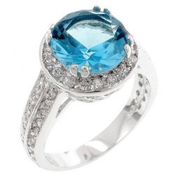 Silver Tone Aquamarine 3 Carat CZ Round Cocktail Ring