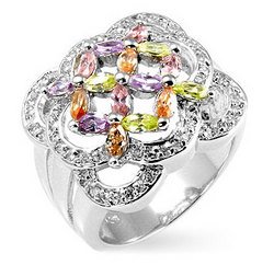 Silver Tone Multi-Colored CZ Flower Bouquet Ring