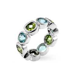 Silver Tone Olive and Aquamarine Custhion-cut CZ Eternity Band
