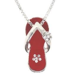 Red Enamel Cubic Zirconia Sterling Silver Slipper Pendant Necklace