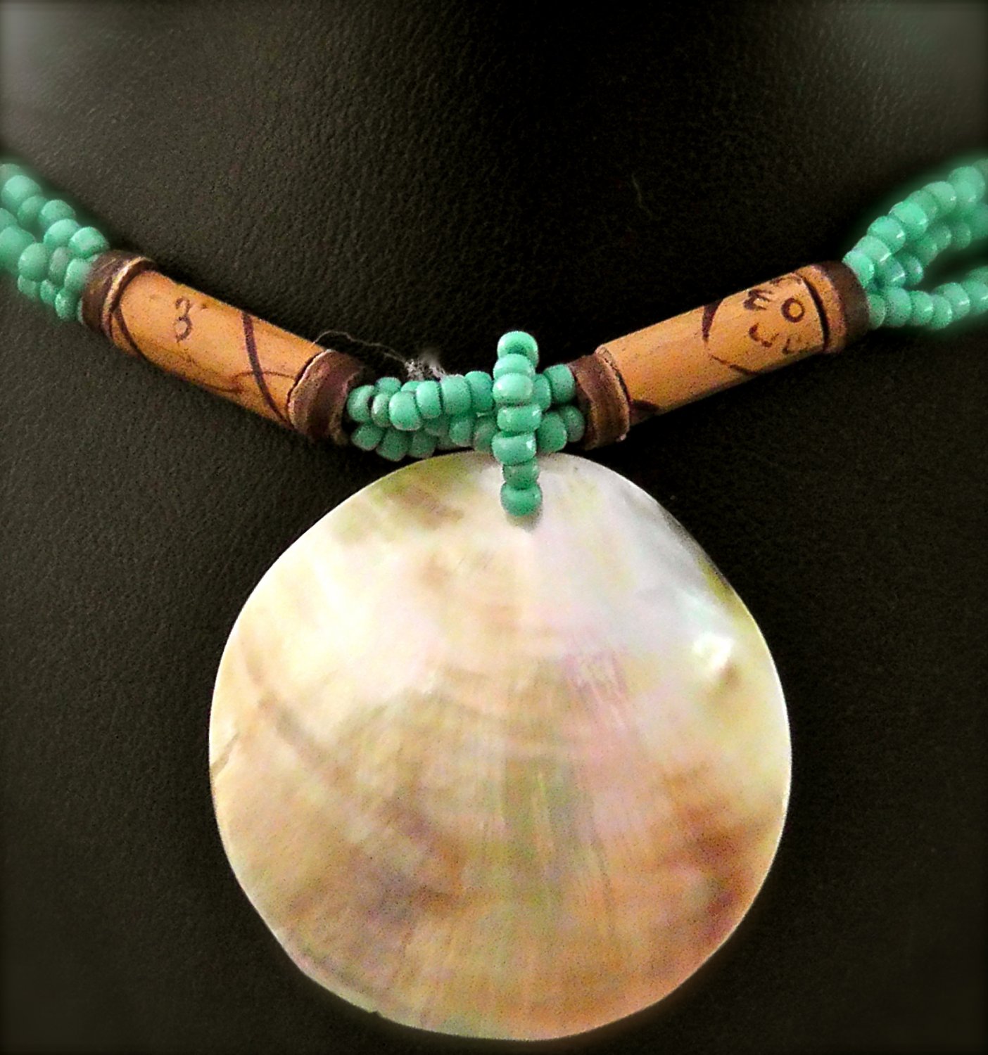 BEAUTIFUL TURQUOISE SHELL PENDANT WITH SCARAB BEADS