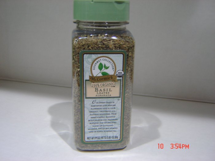Basil, "100 Percent Organic" 0.18 lbs., 81 grams Bottle
