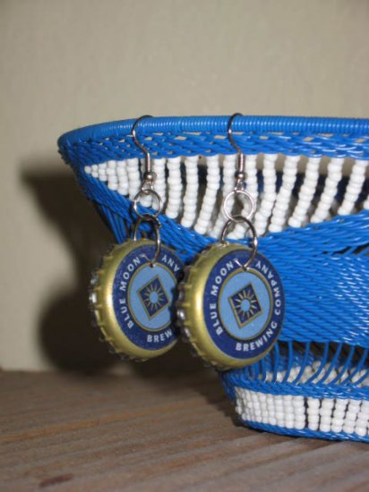 Recycled Bottle Cap Earrings Blue Moon Brewing Company