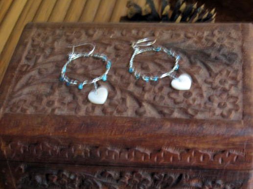 White Hearts and Circles in Blue Earrings on Unique Posts