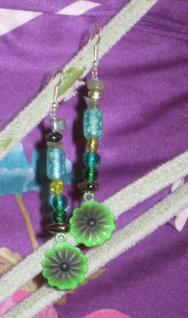 Green Flowers with Black Accent Earrings, Long and Fabulous