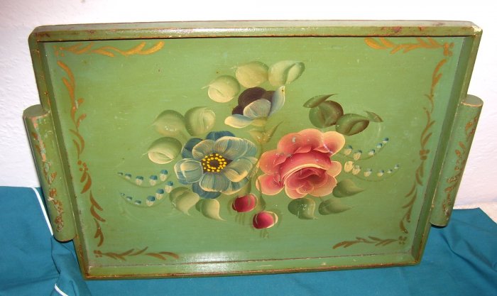 Wood Wooden Tole Tray Jadite Green Roses