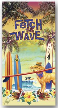 Tropical Beach Towel Fetch The Wave Dog with Surfboard