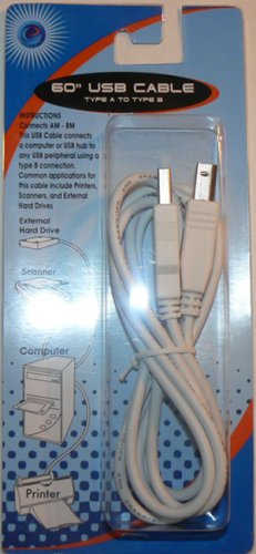 USB CABLE 60" TYPE A TO TYPE B (AM-BM) WHITE FOR PRINTER, HDD, SCANNER RETAIL - NIP + FREE SHIPPING!