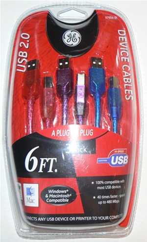GE 3 Pk USB 2.0 Device Cables 6FT Colored (1 Red, 1 Blue, 1 Purple) A to B - Printer, Scanner - NIP
