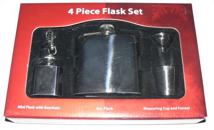 4 PC Stainless Flask Set - 4 oz Flask + Mini Flask w Keychain + Measuring Cup and Funnel - NIB + FS