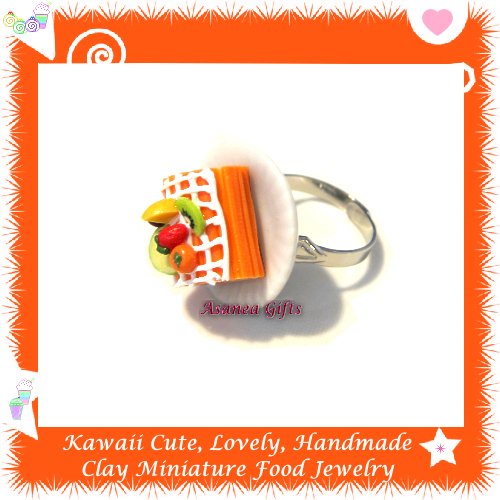 FOOD JEWELRY - HANDCRAFTED MINIATURE ORANGE ROLL CAKE PENDANT RING ECMFJ-RG2008
