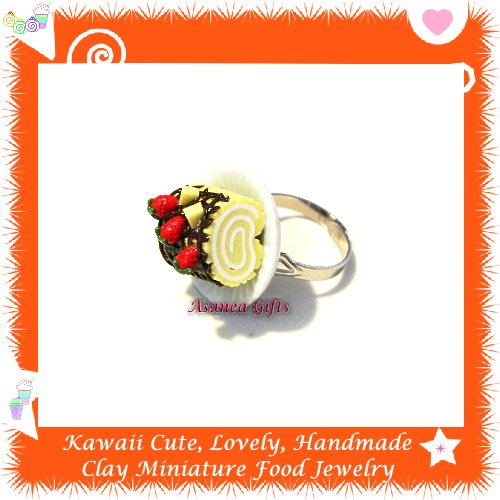 FOOD JEWELRY - HANDCRAFTED MINIATURE LEMON ROLL CAKE PENDANT RING ECMFJ-RG2009