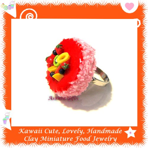 FOOD JEWELRY - HANDCRAFTED MINIATURE STRAWBERRY CAKE PENDANT RING ECMFJ-RG2002