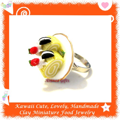 FOOD JEWELRY - HANDCRAFTED MINIATURE ROLL CAKE SLICES ON PLATE PENDANT RING ECMFJ-RG2007
