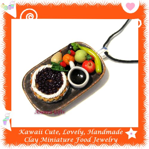 FOOD JEWELRY - LOVELY MINI BLUEBERRY TART COFFEE AND FRUIT PENDANT NECKLACE ECMFJ-PE2003
