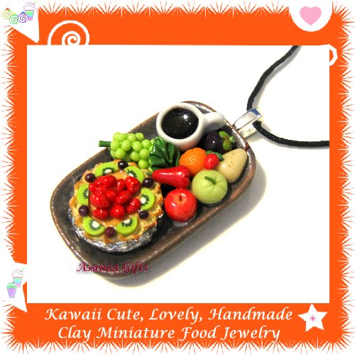 FOOD JEWELRY - LOVELY MINI STRAWBERRY KIWI PIE COFFEE AND FRUIT PENDANT NECKLACE ECMFJ-PE2005
