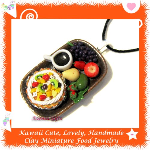FOOD JEWELRY - LOVELY MINI TROPICAL FRUIT PIE COFFEE AND FRUIT PENDANT NECKLACE ECMFJ-PE2004