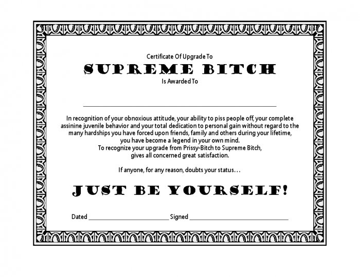 Certificate of Upgrade - Supreme Bitch