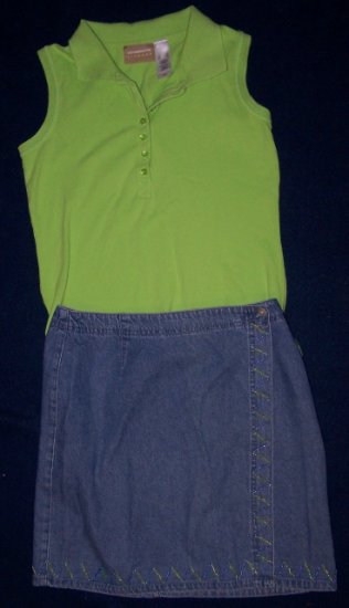STO Wrap Jean Embellished SKIRT 8 + CLAIBORNE Top Outfit